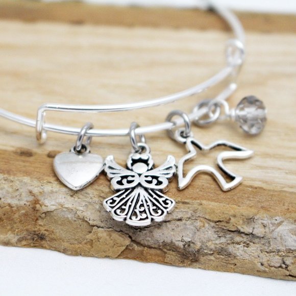 Handcrafted Adjustable Charm Bangle - Heart, Angel & Dove Charms - Picture 1 of 4